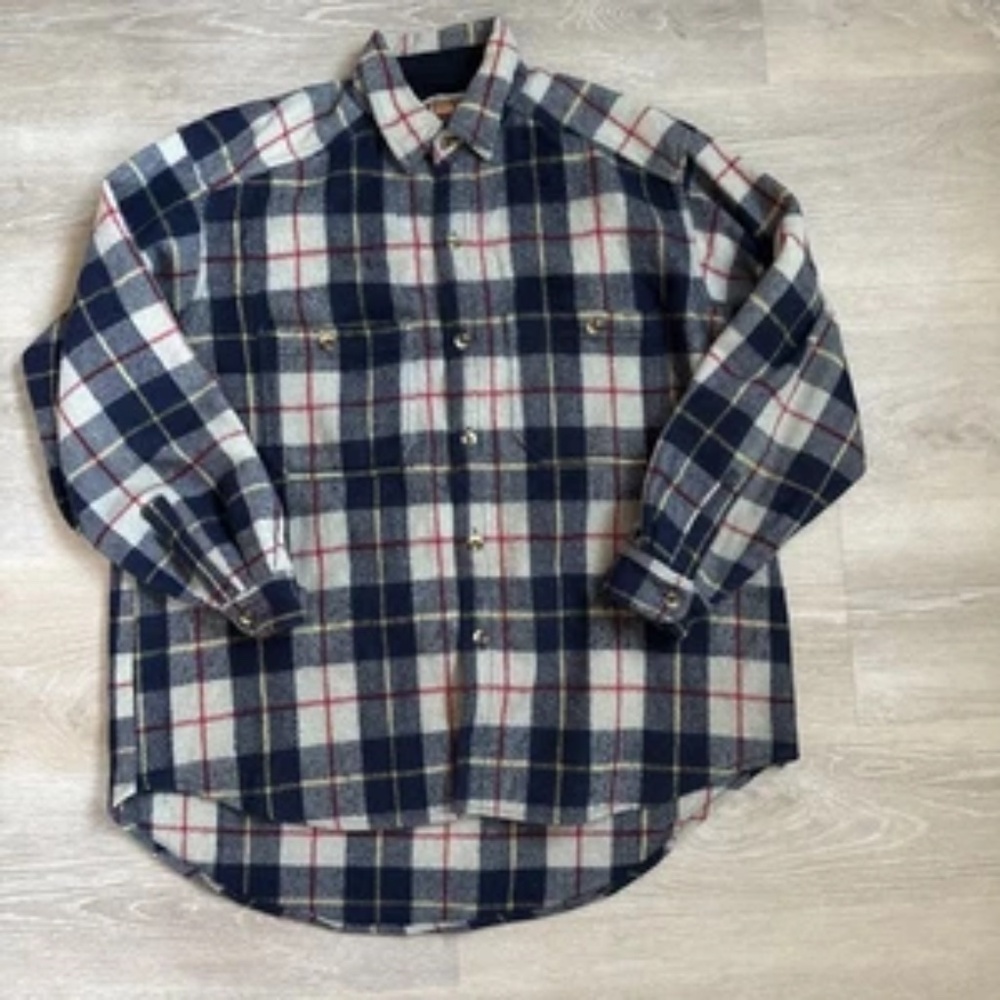 Paragraff Jacket Mens Large Navy Cream Plaid Wool Blend Hunting Game Pouch Shirt